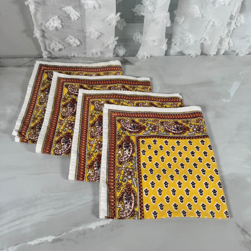 Set of 4 Vintage Williams-Sonoma Cotton Napkins Yellow Brown Paisley Boho Groovy